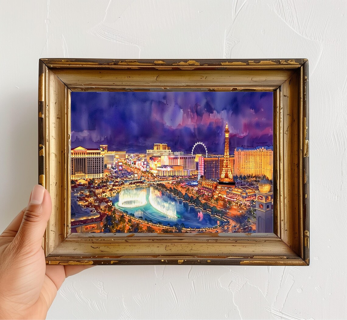 Las Vegas Watercolor Print, Night Cityscape Art