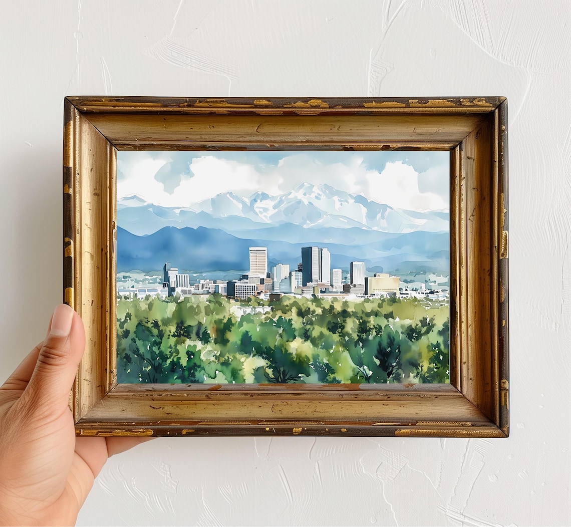 Denver Skyline Watercolor Print, Colorado Cityscape