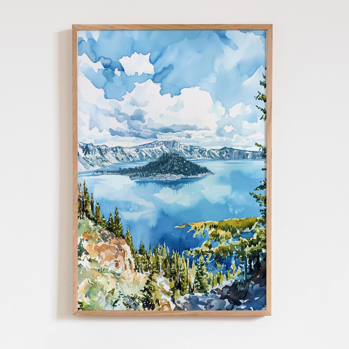 Crater Lake Oregon Watercolor Poster Wizard Island Blue Lake National Park