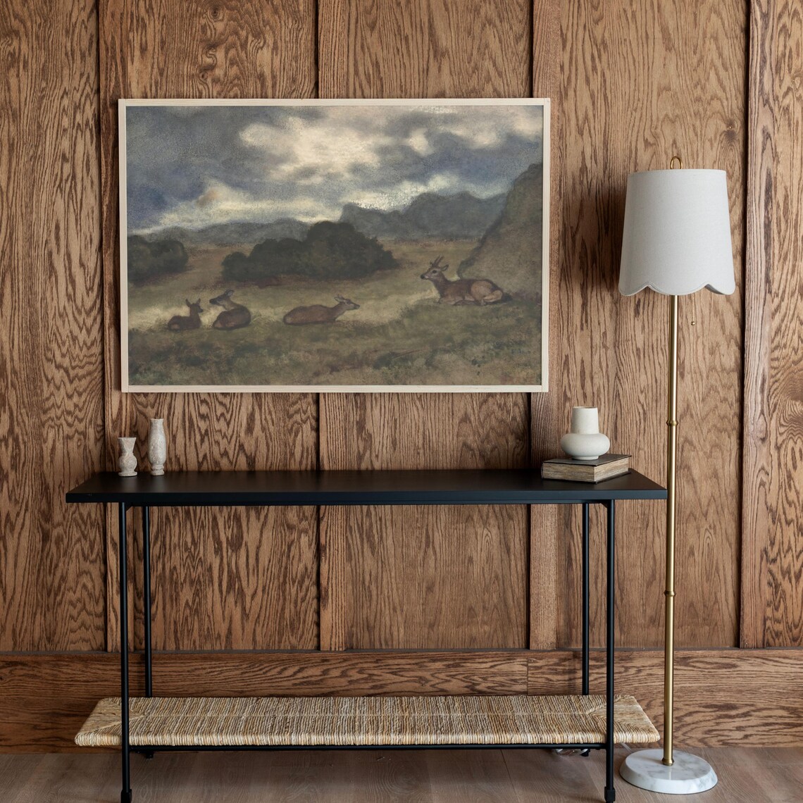 Vintage Deer Resting Meadow Painting Moody Mountain Landscape Wall Art Print - Image 3