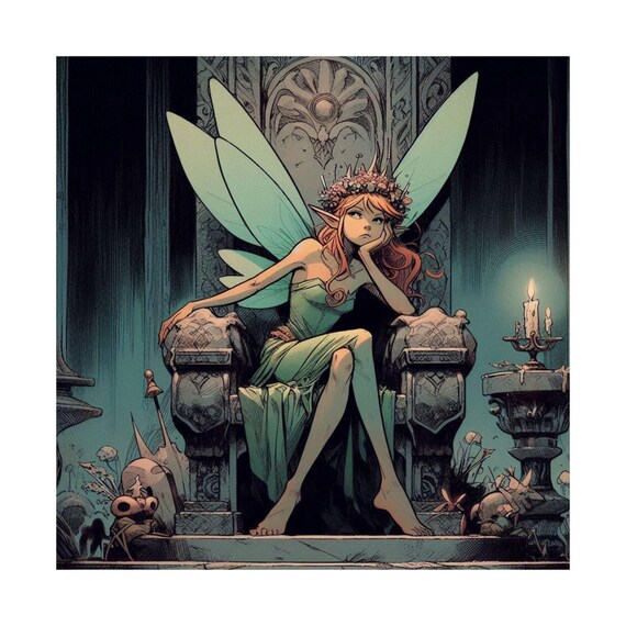 Bored Fairy Queen Resting on a Stone Throne in Candlelight Poster