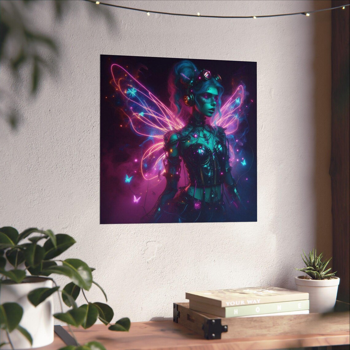 Cyberpunk Neon Fairy with Glowing Magenta Wings Fantasy Art Poster - Image 4