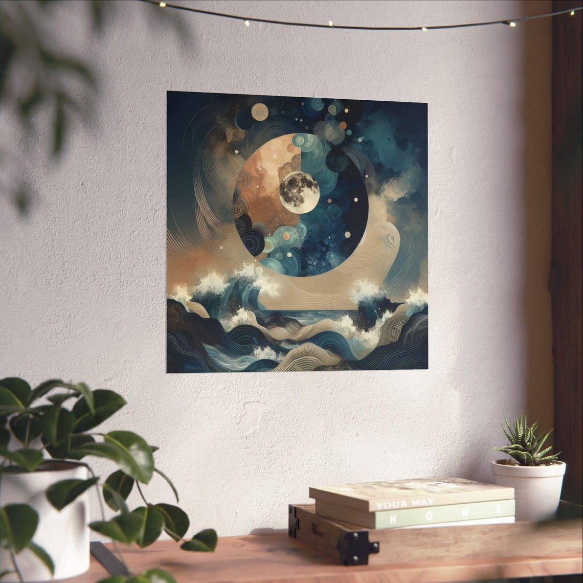 Celestial Moon Over Ocean Waves in Indigo Abstract Art Poster - Image 4