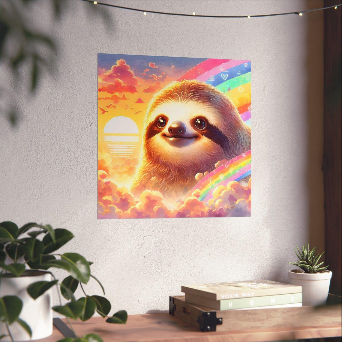 Smiling Sloth under Rainbow Sunset Sky Funny Animal Art Poster - Image 4