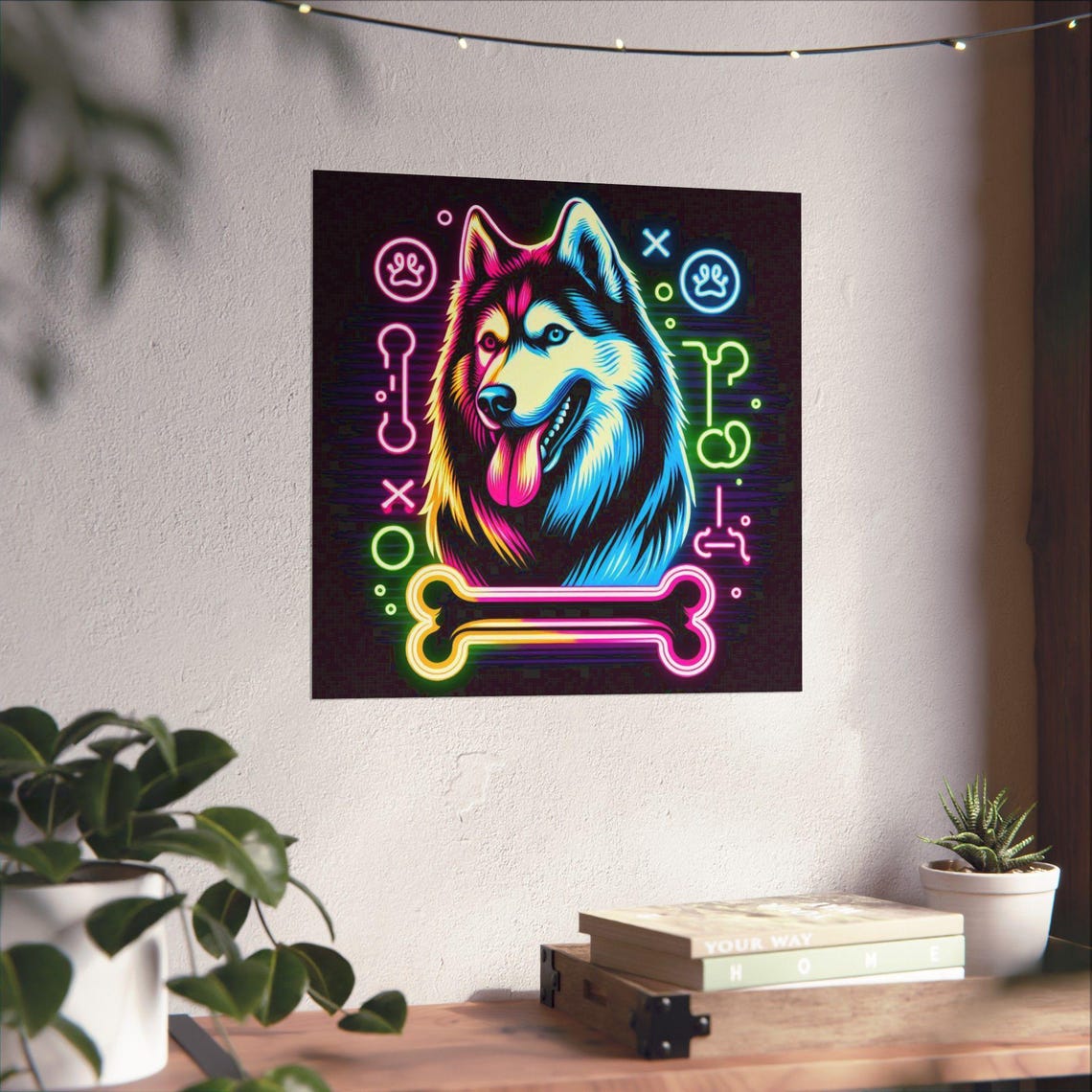 Smiling Husky Dog Face Glowing in Neon Colors on Black Poster - Image 4