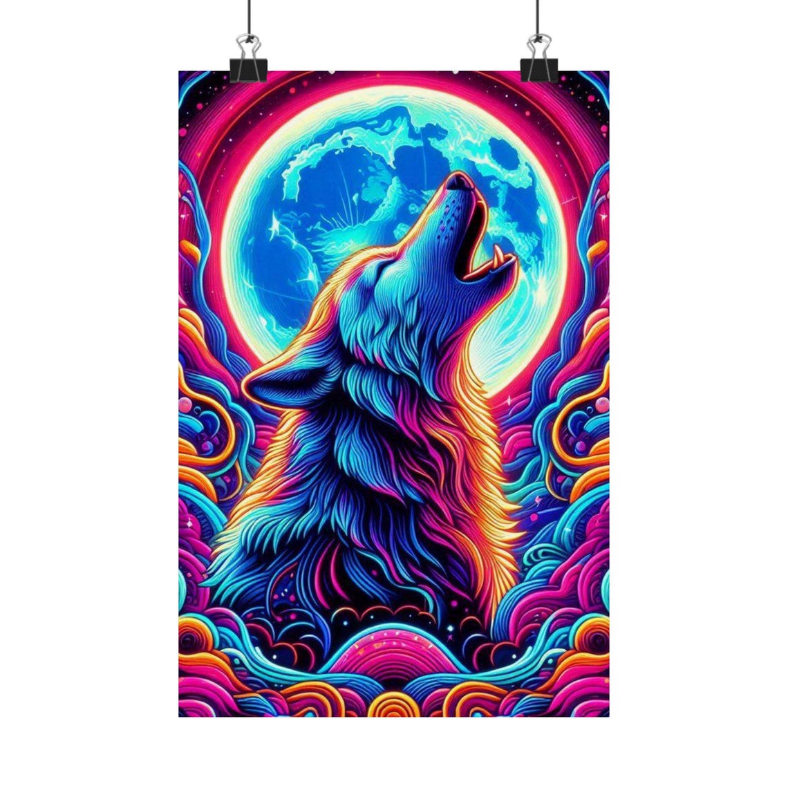 Psychedelic Howling Wolf Beneath a Glowing Full Moon Art Poster
