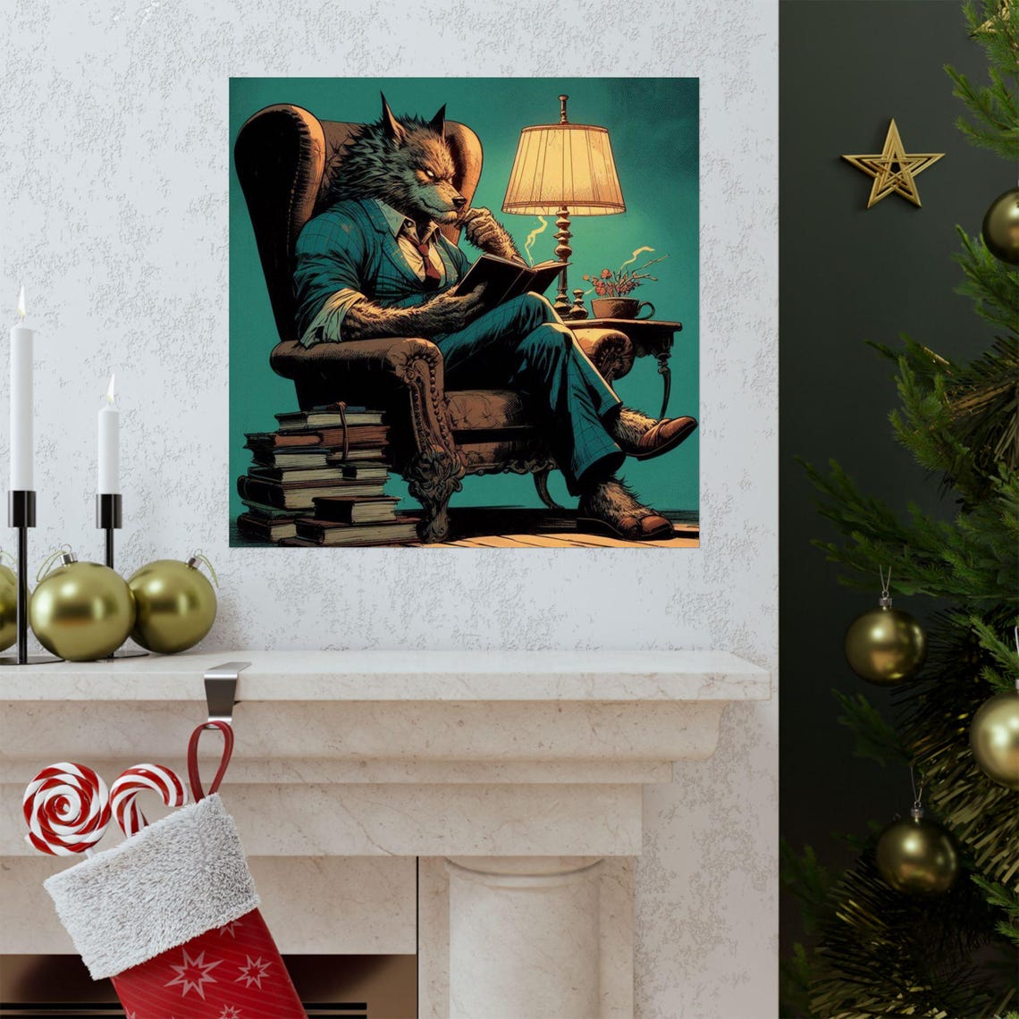 Werewolf Gentleman Reading a Book in an Armchair Humor Art Poster - Image 3