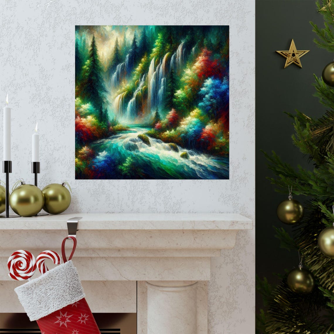 Vibrant Forest Waterfall with Turquoise Rapids Fantasy Art Poster - Image 3