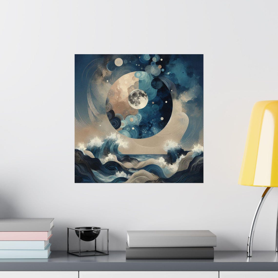 Celestial Moon Over Ocean Waves in Indigo Abstract Art Poster - Image 2
