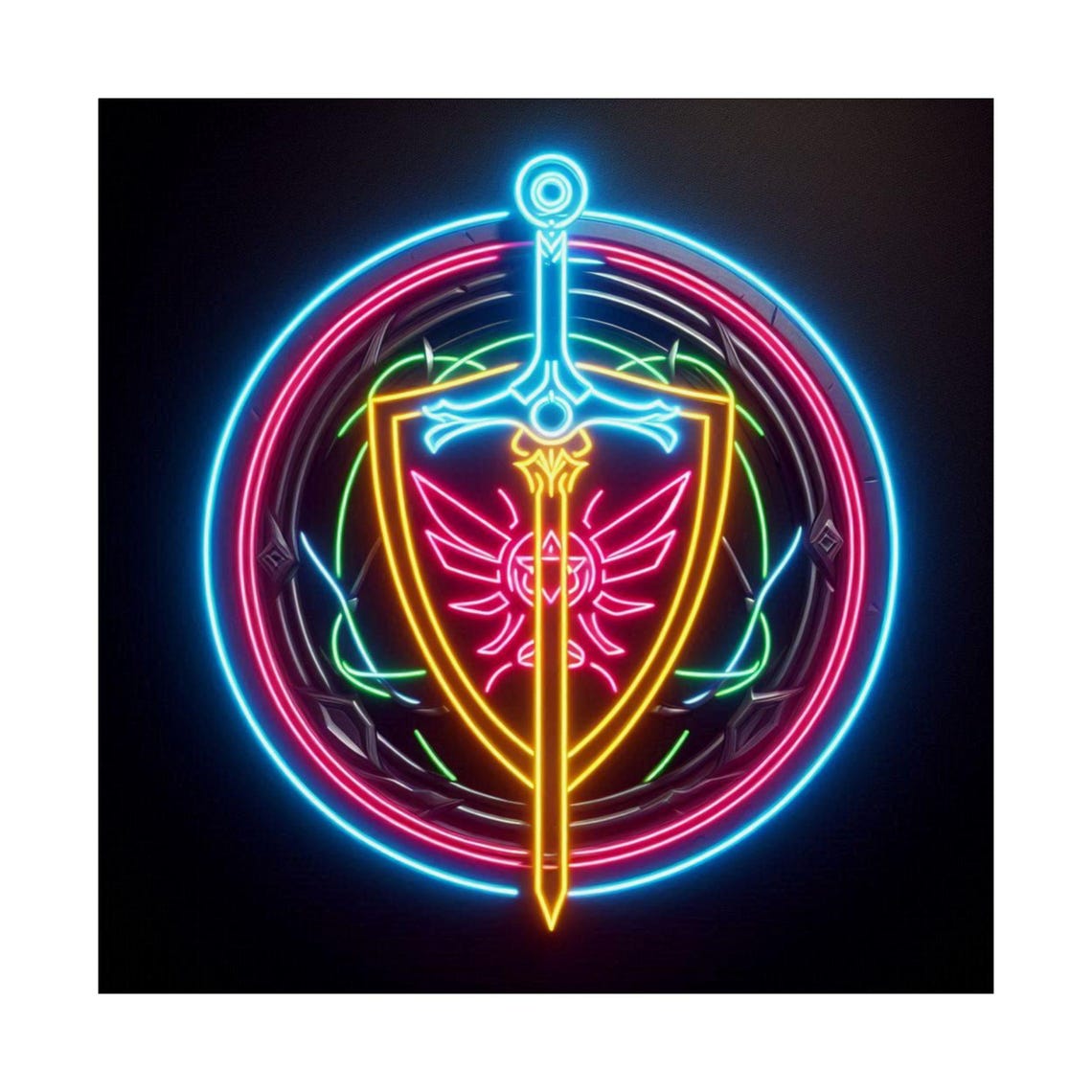 Glowing Neon Sword and Shield Fantasy Emblem on Black Poster - Image 7
