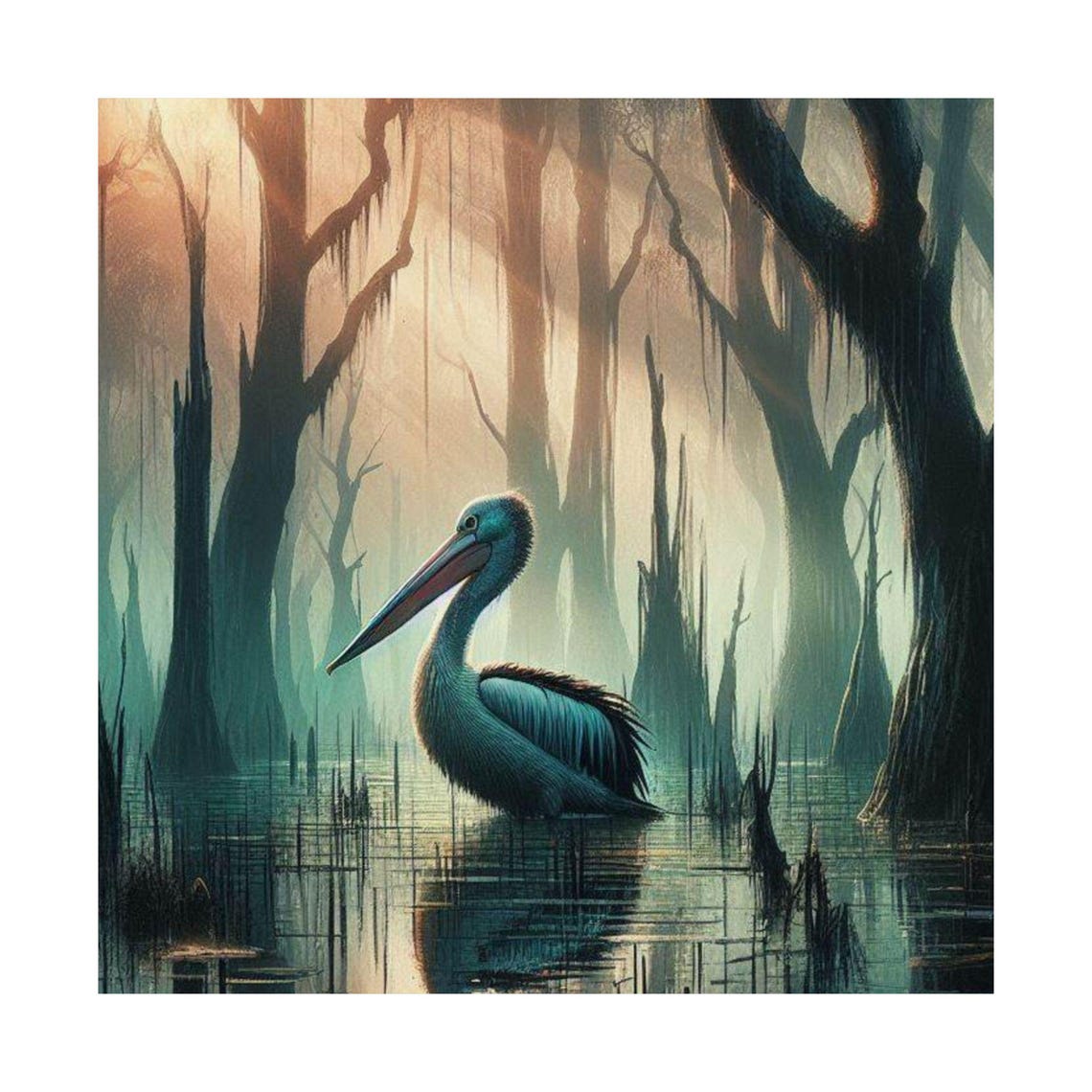 Serene Pelican Resting in a Misty Cypress Swamp at Dawn Poster - Image 6