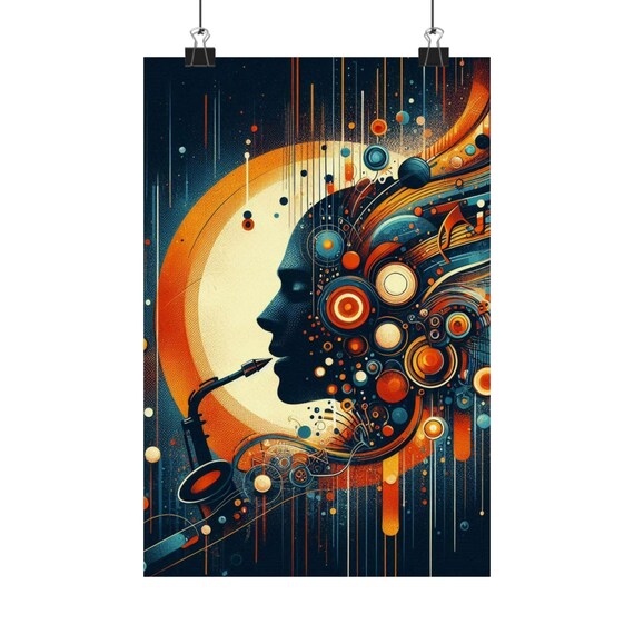 Saxophonist Silhouette Dissolving into Music Abstract Art Poster