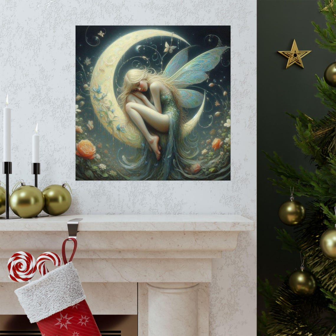 Fairy Sleeping Curled on Crescent Moon Night Sky Fantasy Art Poster - Image 3