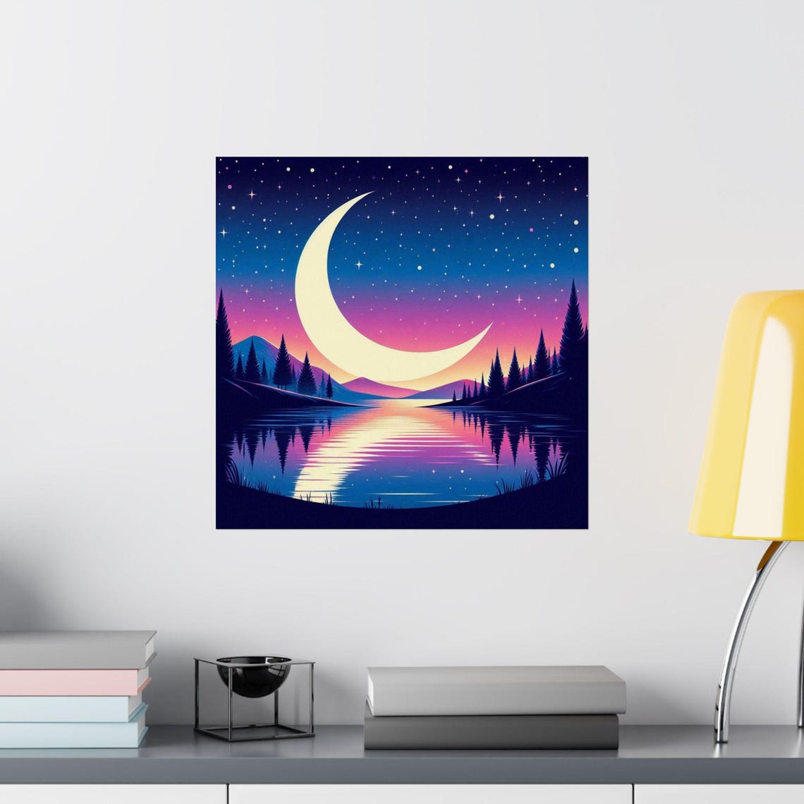 Giant Crescent Moon Rising Over a Still Mountain Lake Poster - Image 2