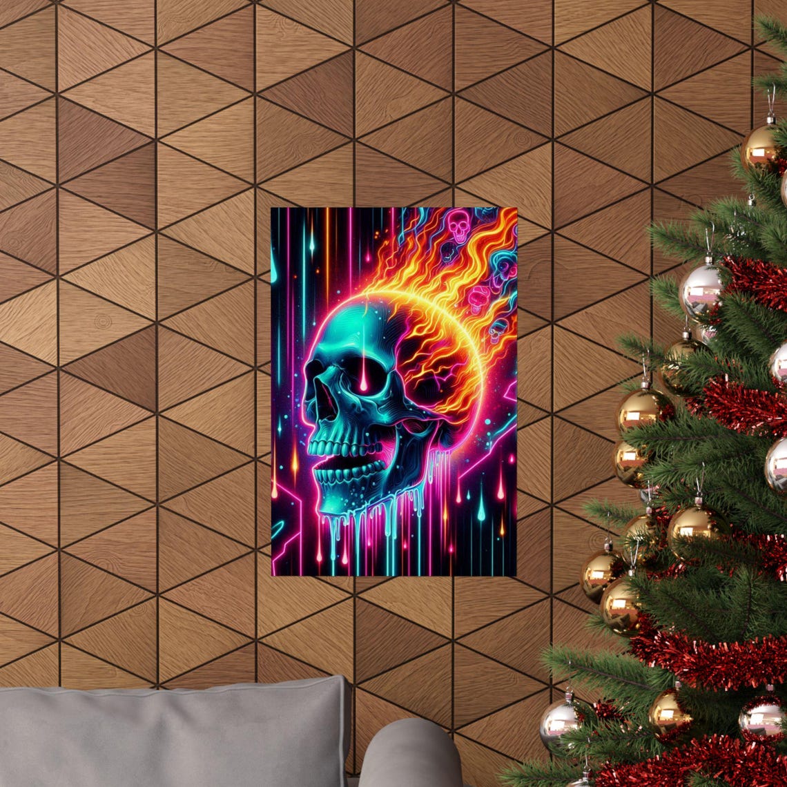 Neon Flaming Skull with Melting Drips on Dark Background Poster - Image 2