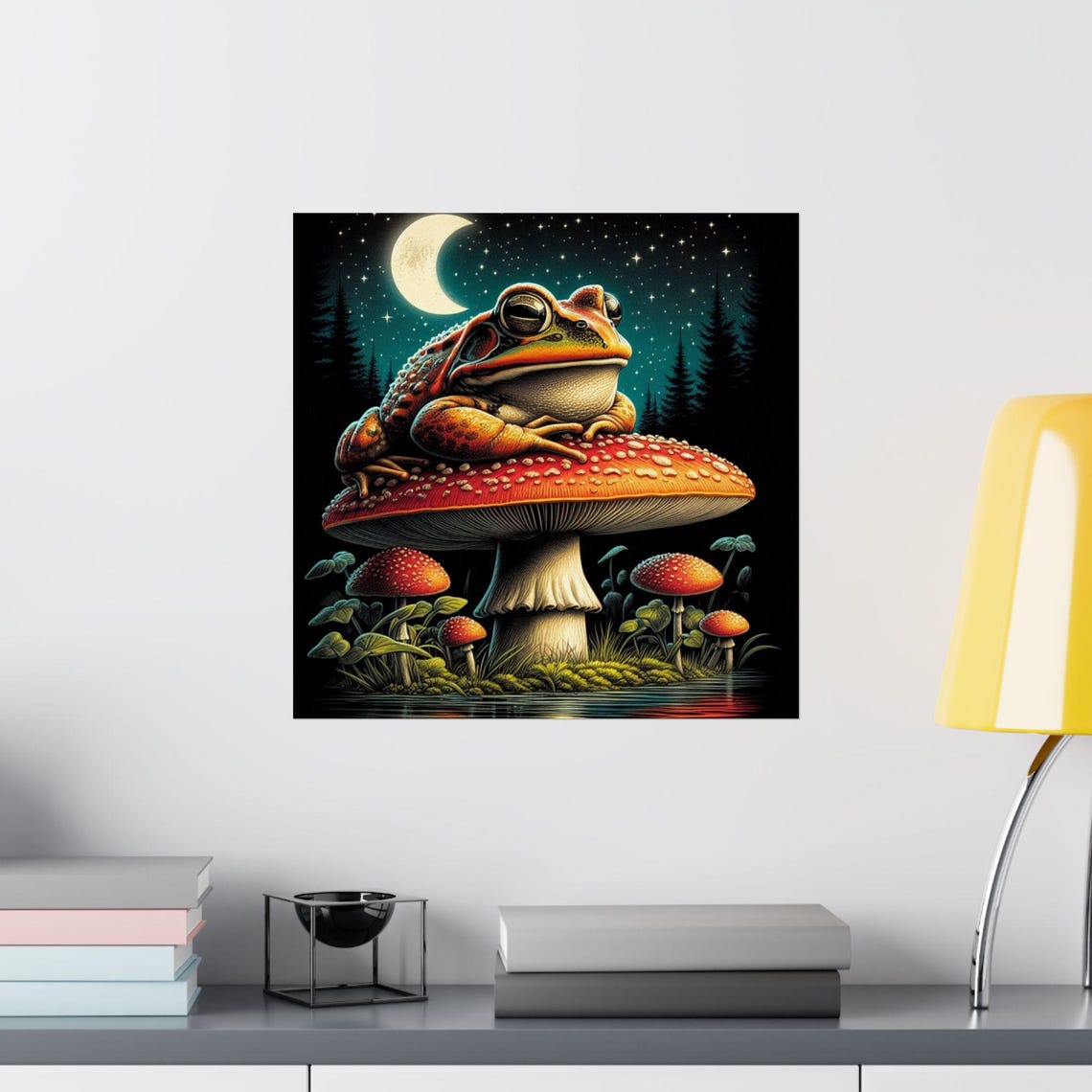 Plump Frog Lounging on a Giant Mushroom Under the Night Moon Poster - Image 2