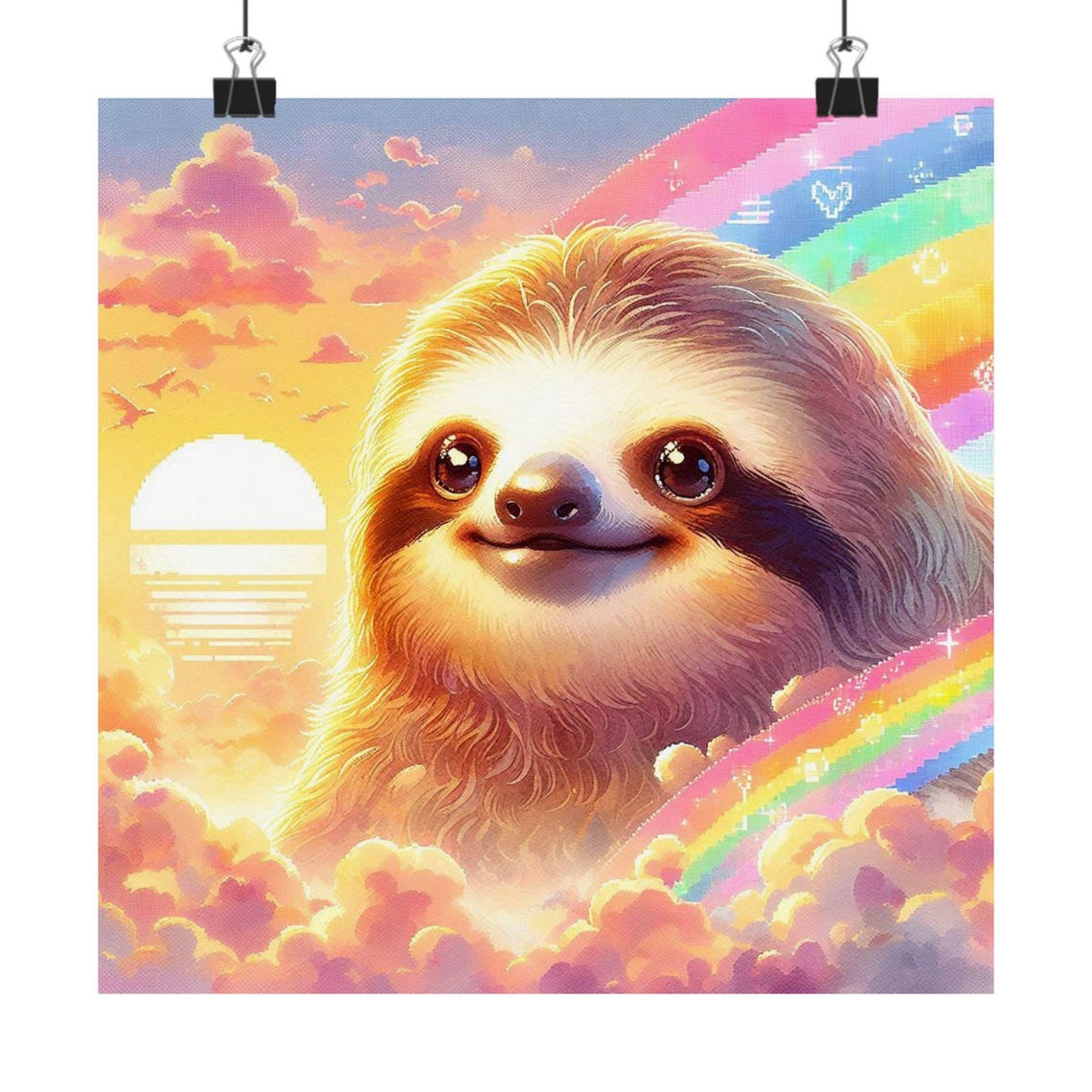 Smiling Sloth under Rainbow Sunset Sky Funny Animal Art Poster