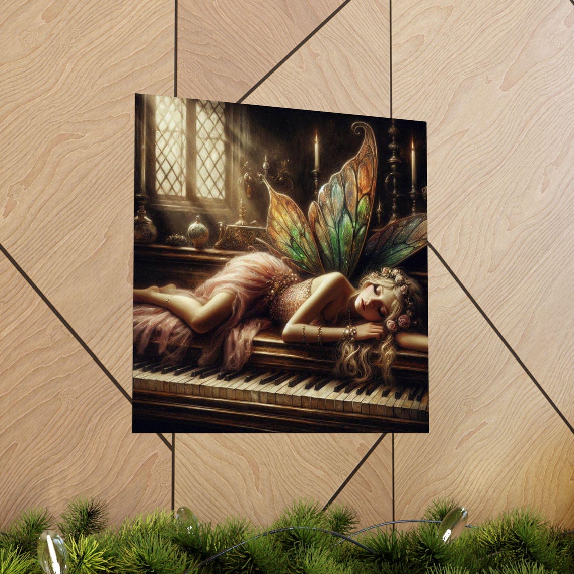 Dreamy Sleeping Fairy With Wings Resting on a Grand Piano Art Poster