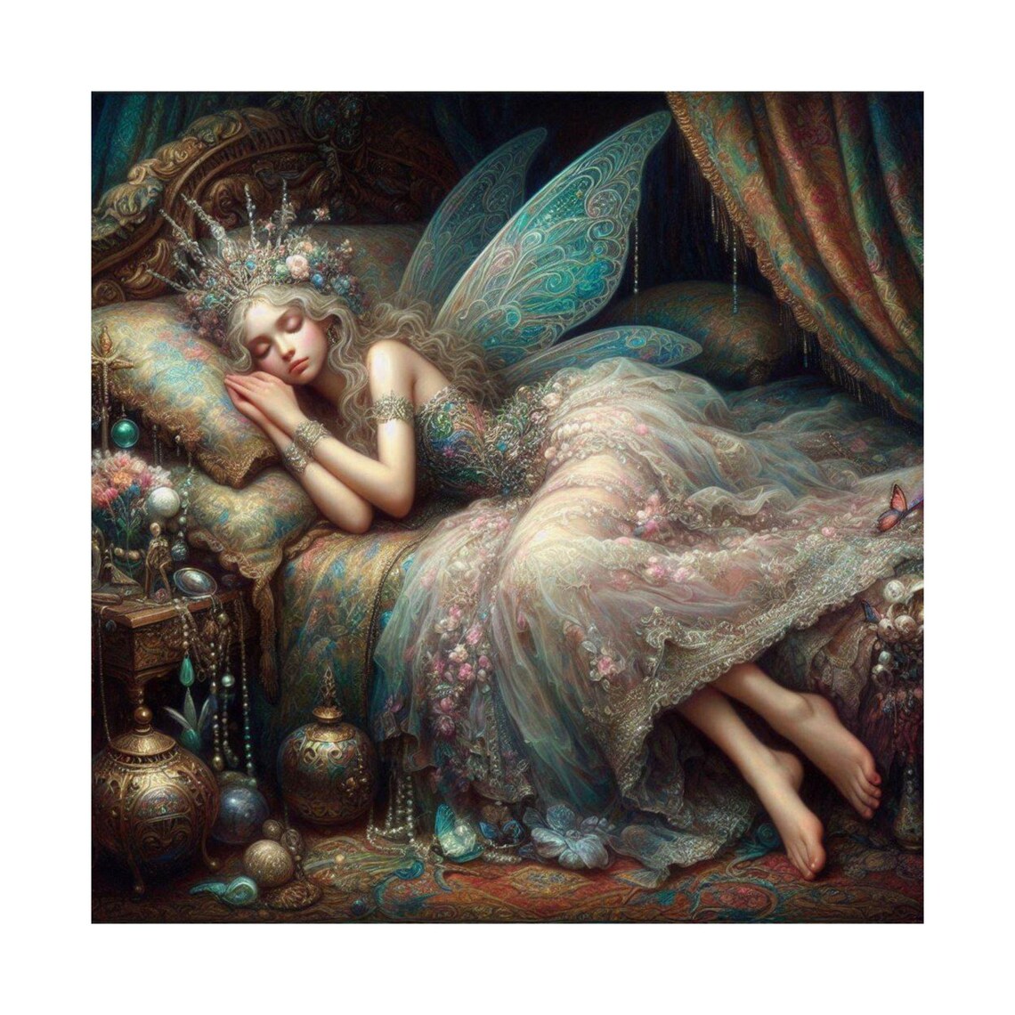 Sleeping Fairy Dreaming on an Ornate Velvet Flower Canopy Bed Poster - Image 6