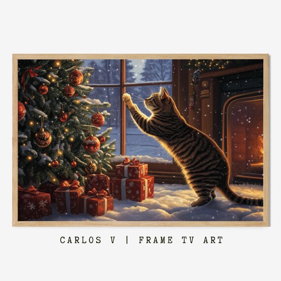 Tabby Cat Playfully Reaching For Christmas Tree Ornaments Poster