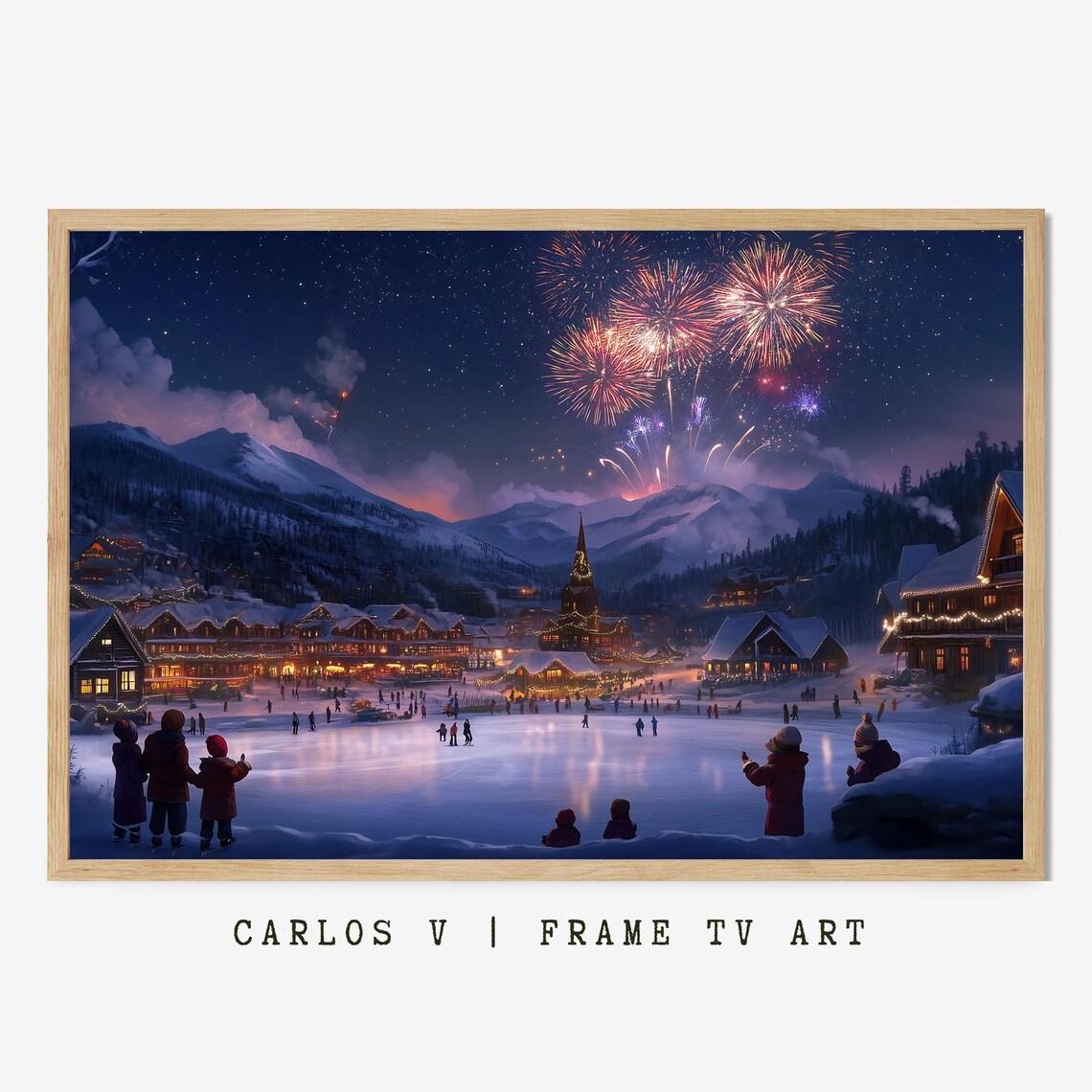 Winter Wonderland Firework Over Snowy Village Art Print
