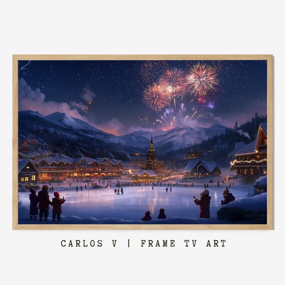 Winter Wonderland Firework Over Snowy Village Art Print