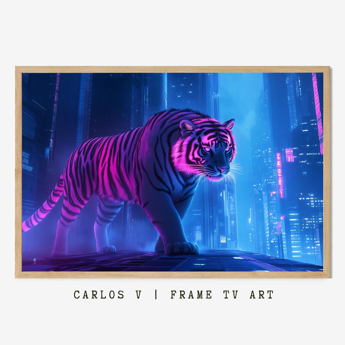 Neon Pink Tiger Walking Through Cyberpunk City at Night Poster