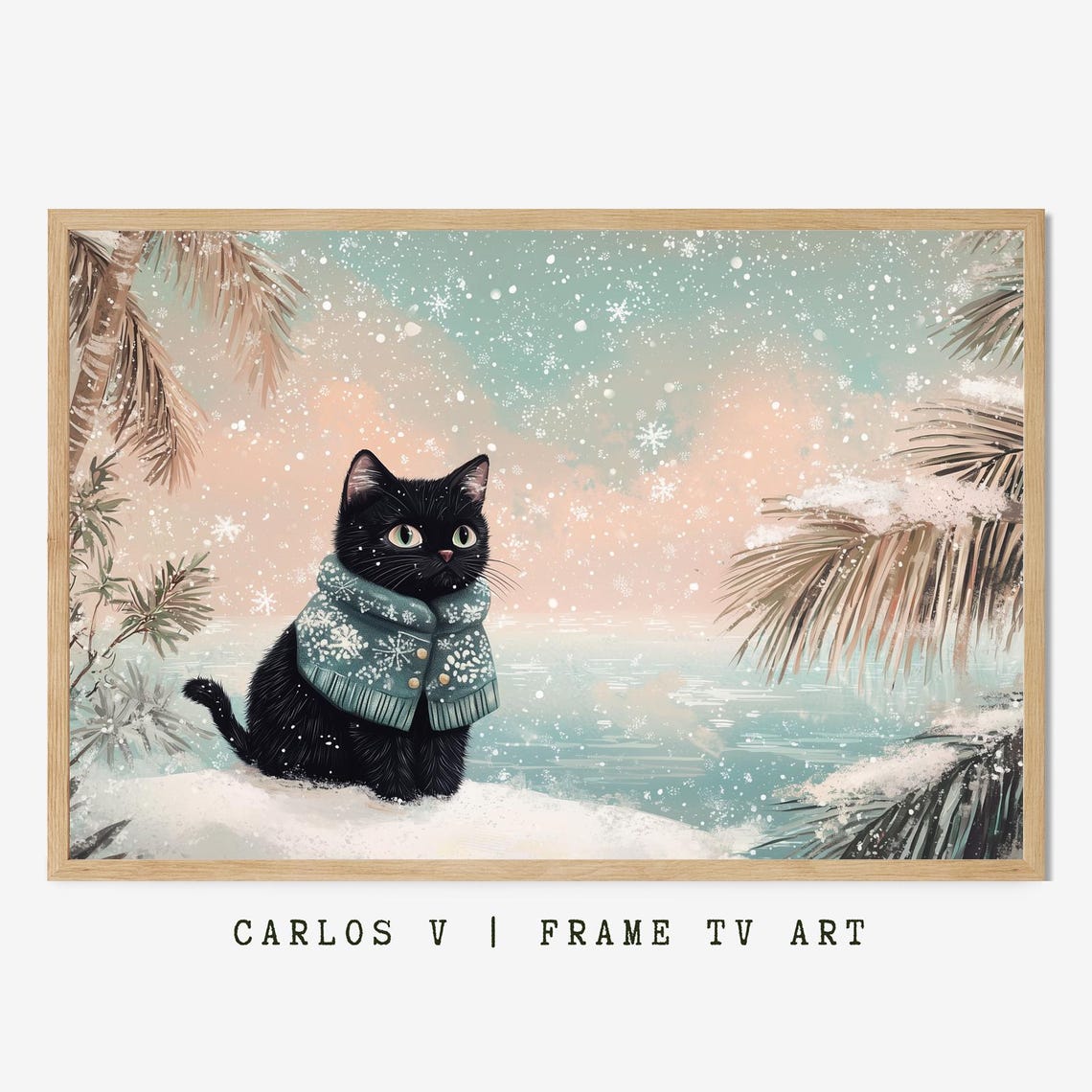 Black Cat in Teal Sweater at Snowy Palm Tree Beach Scene Poster