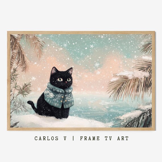 Black Cat in Teal Sweater at Snowy Palm Tree Beach Scene Poster