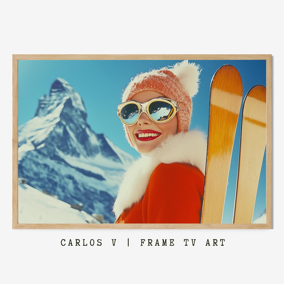 Stylish Retro Woman Skier In Red Jacket Holding Wooden Skis Poster