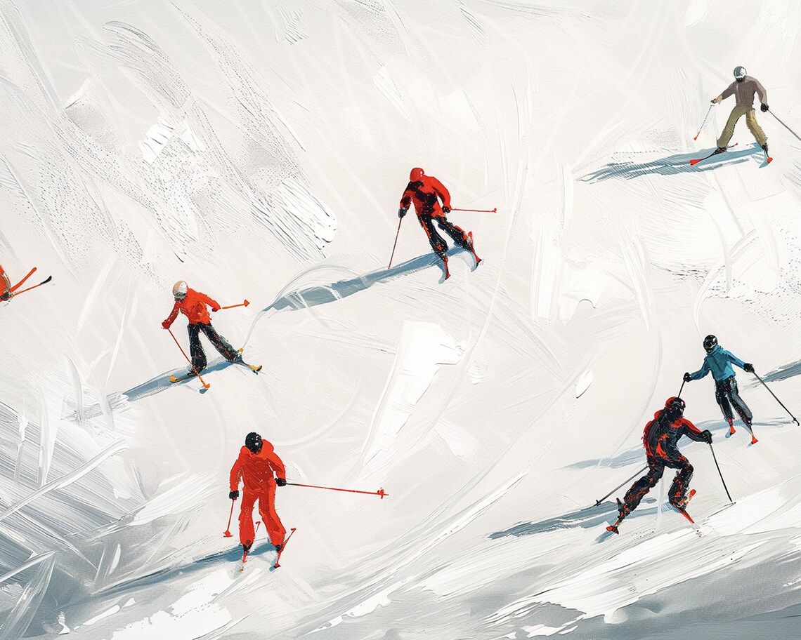 Group Of Skiers White Slope Overhead View Winter Sports Painting Poster - Image 2