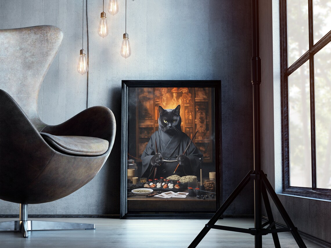 Black Cat Sushi Chef Kimono Japanese Restaurant Funny Cat Art Poster
