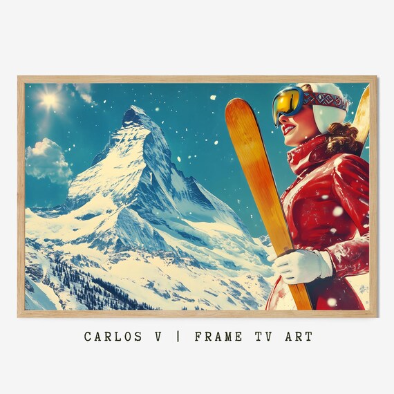 Smiling Woman Skier Holding Wooden Skis Before Snowy Peak Poster