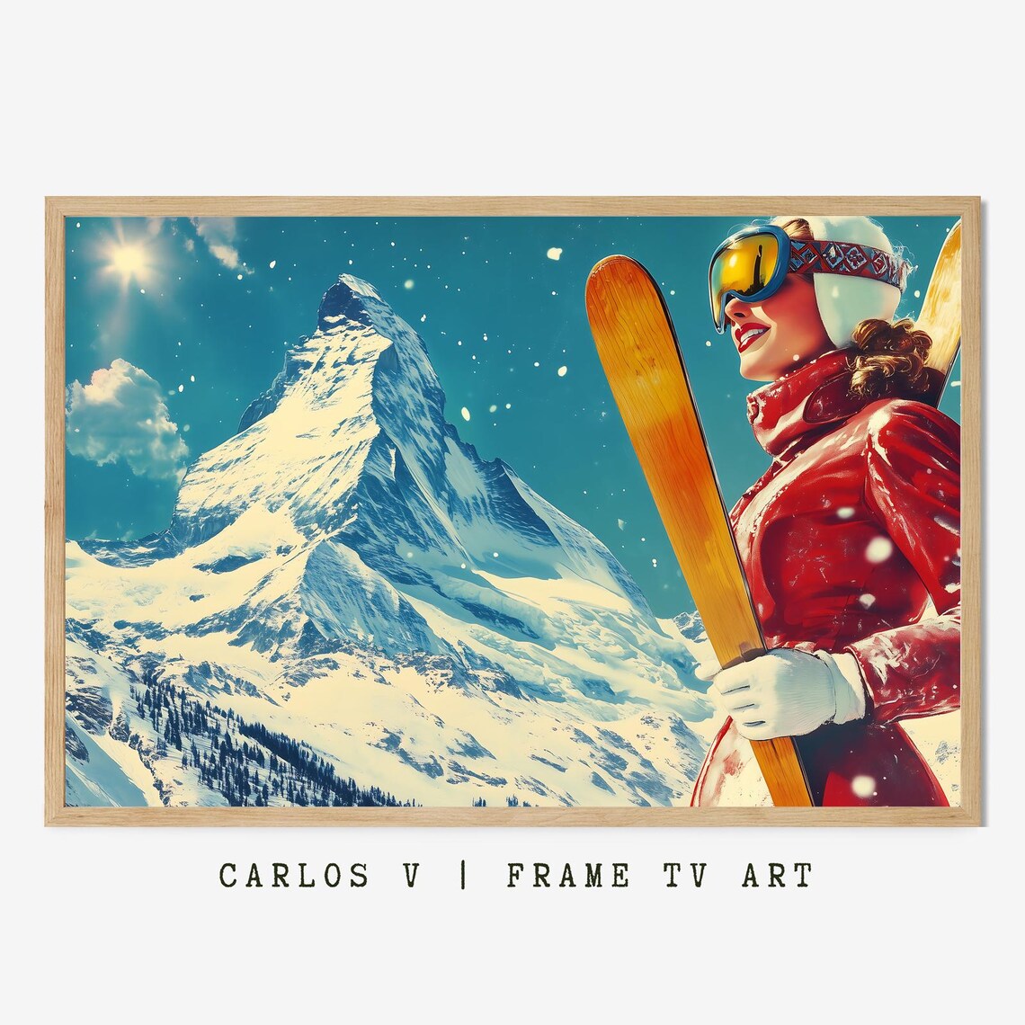 Smiling Woman Skier Holding Wooden Skis Before Snowy Peak Poster