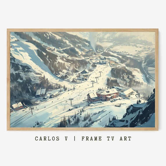 Alpine Ski Resort Aerial View Snowy Mountain Painting Frame TV Art Poster