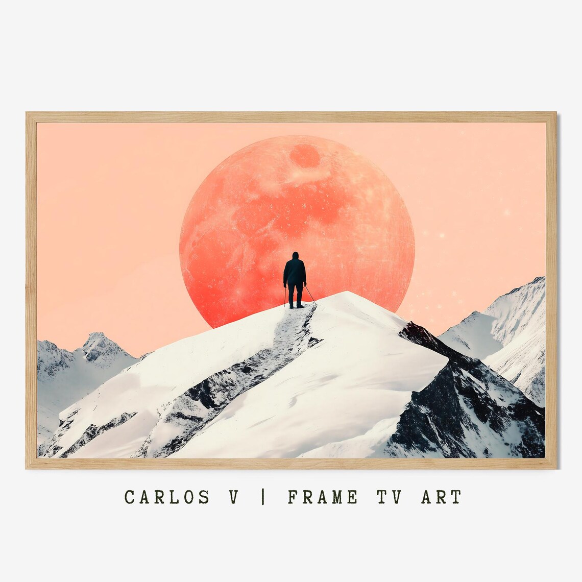 Lone Hiker Standing On Snowy Mountain Summit Under Giant Red Moon Poster
