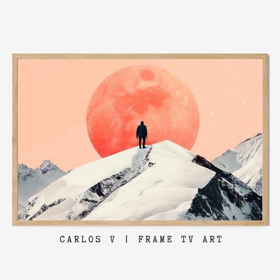 Lone Hiker Standing On Snowy Mountain Summit Under Giant Red Moon Poster