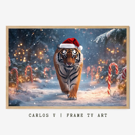 Tiger Wearing Santa Hat Walking among Candy Canes Snowy Night Poster