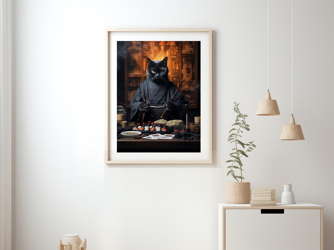 Black Cat Sushi Chef Kimono Japanese Restaurant Funny Cat Art Poster - Image 2