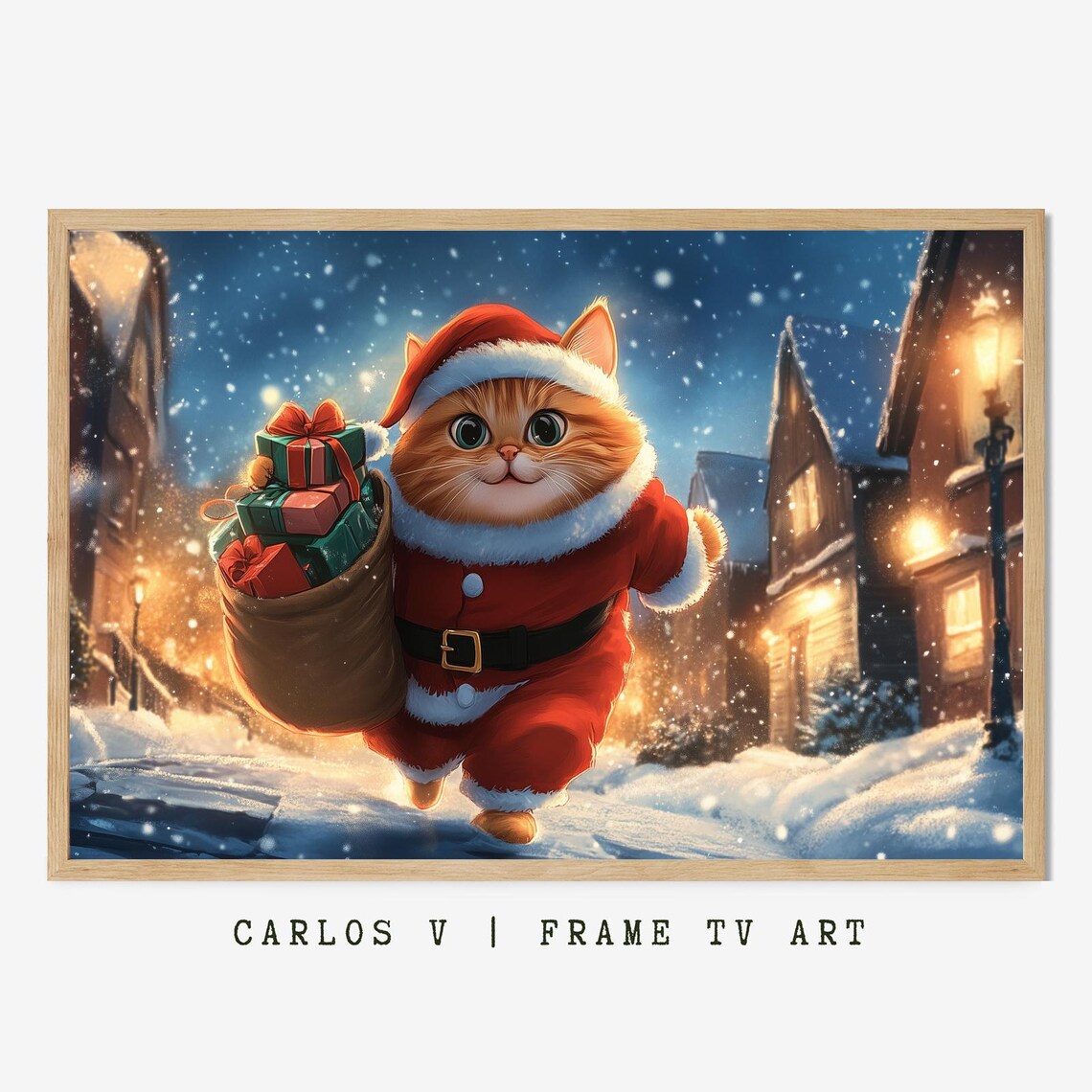 Orange Cat in Santa Suit Carrying Gifts Through Snowy Village Poster