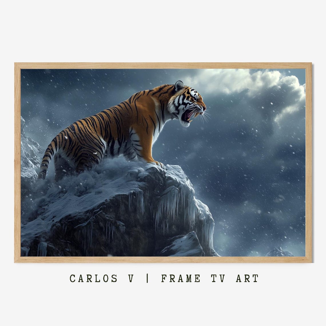 Roaring Tiger Atop Icy Cliff Dramatic Snowstorm Night Poster