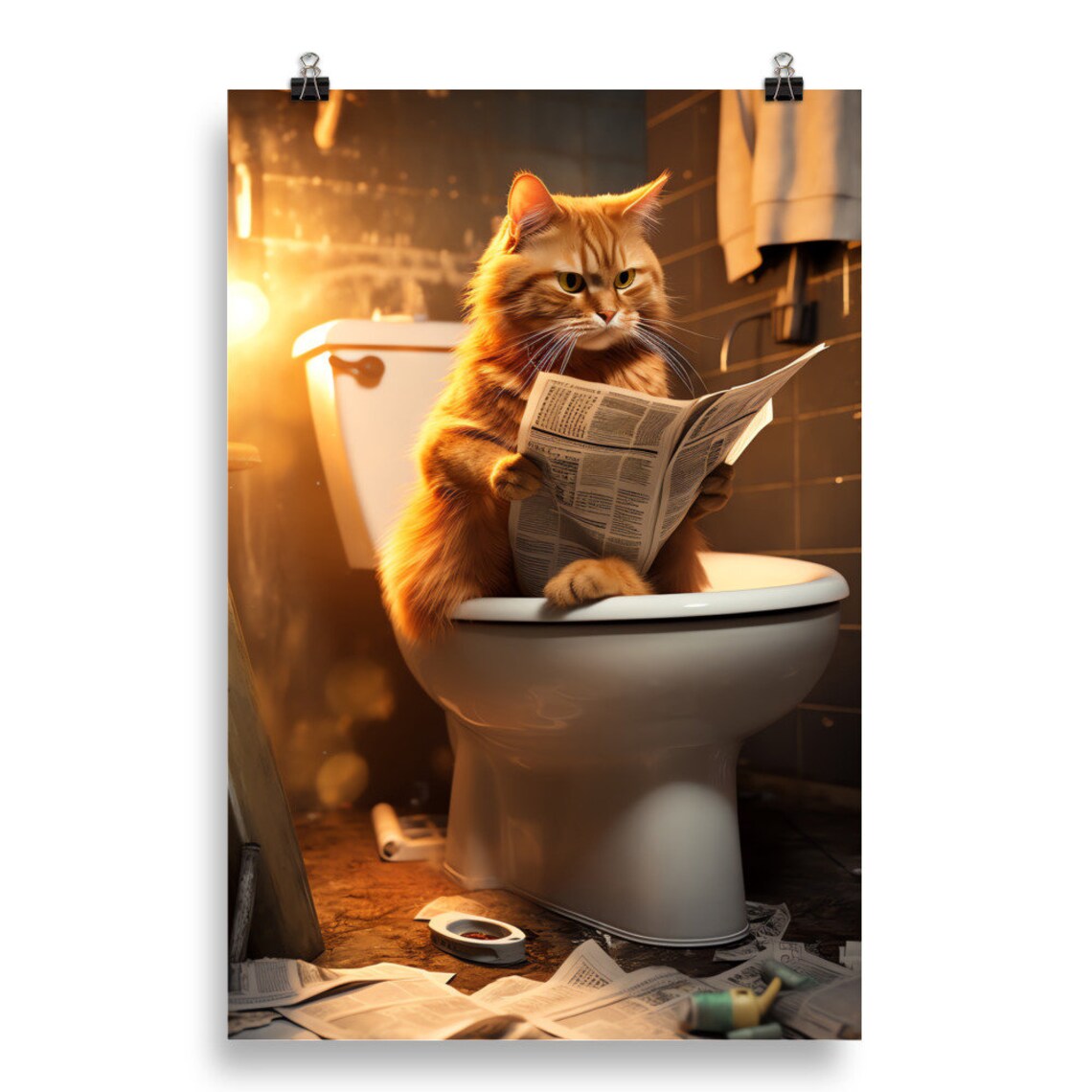 Hilarious Orange Cat Reading a Newspaper on the Toilet Poster - Image 2