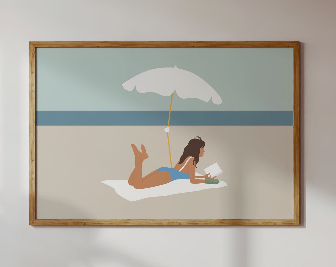 Woman Reading On Beach Under Umbrella Minimalist Summer Art Poster