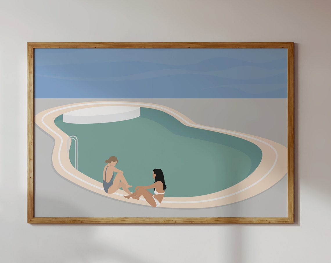 Two Women Sitting at Pool Edge Summer Friendship Minimalist Poster