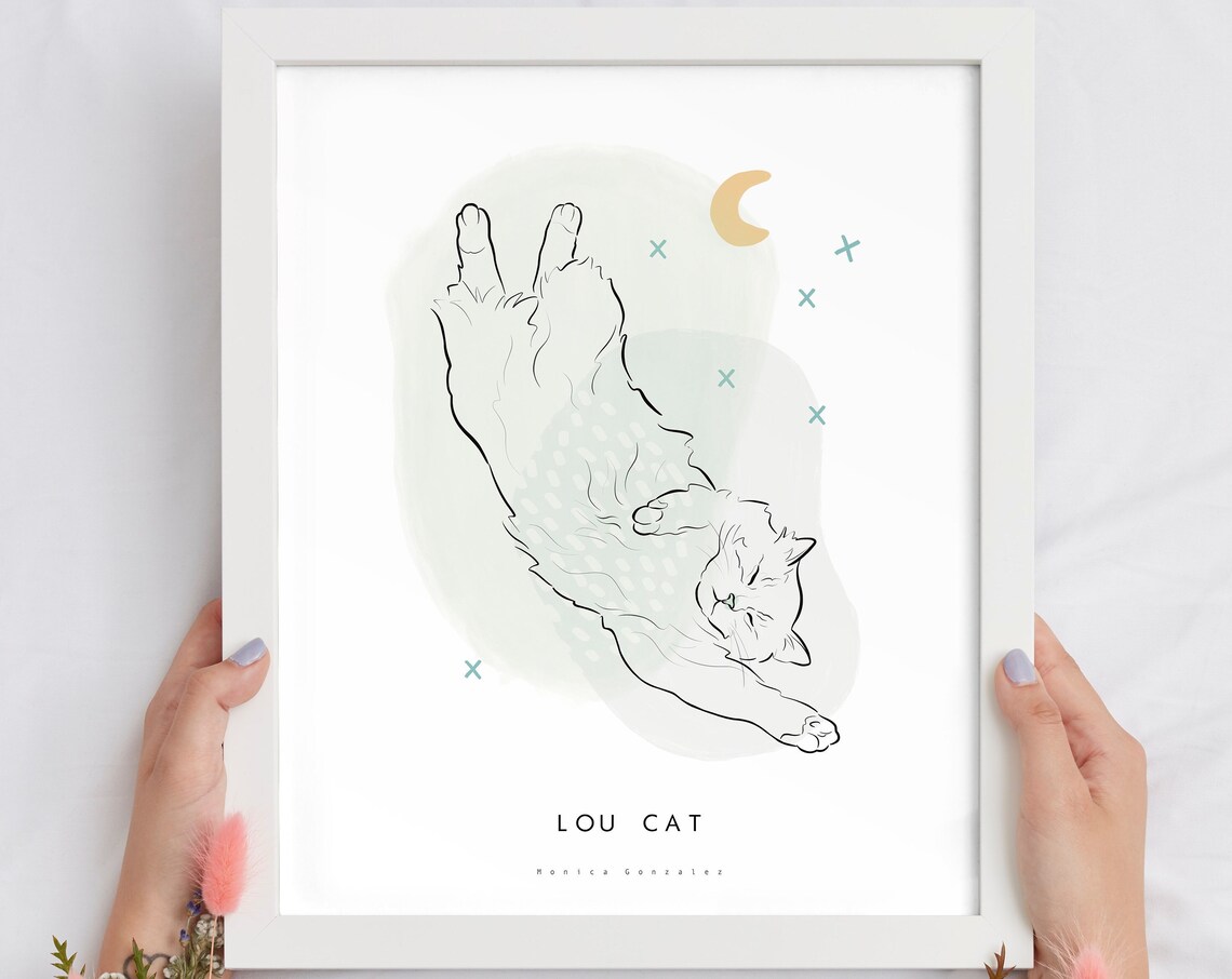 Sleeping Cat Stretched Out Minimalist Line Art Pet Portrait Poster