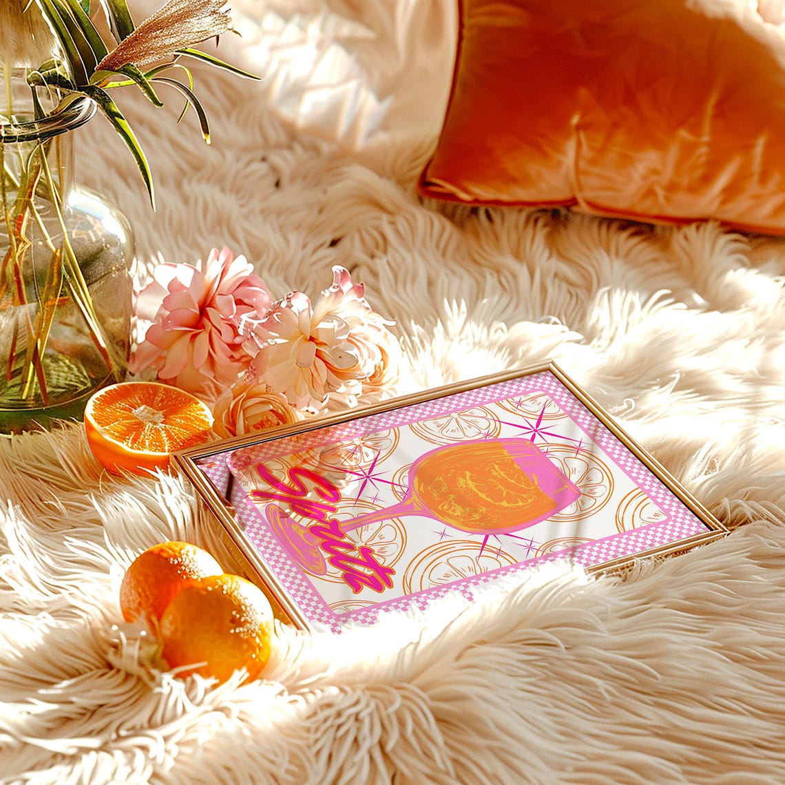 Pink Aperol Spritz Cocktail Retro Checkered Border Drink Poster - Image 5