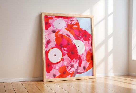 Floral Vinyl Records Pink Hibiscus Retro Music Lover Wall Art