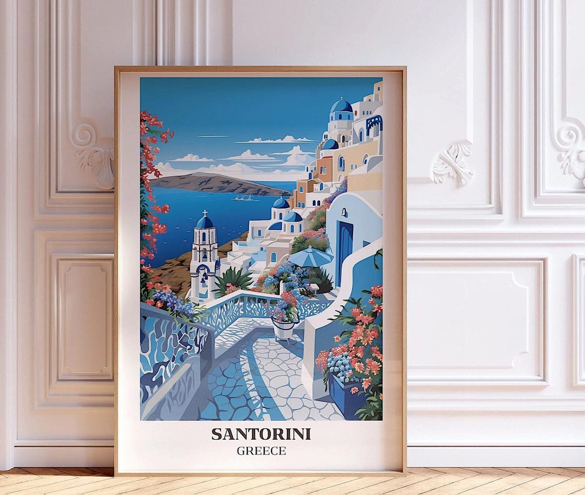 Santorini Greece Blue Domed Churches Flower Stairway Aegean Sea Poster - Image 2
