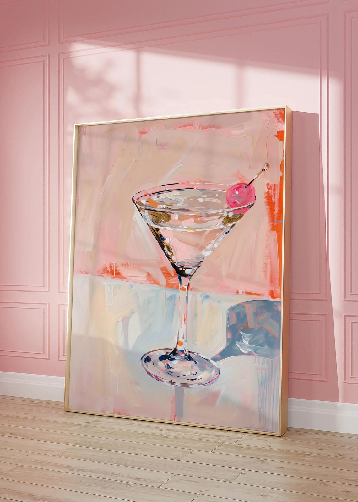 Pink Cherry Martini Glass Elegant Cocktail Painting Wall Art - Image 5