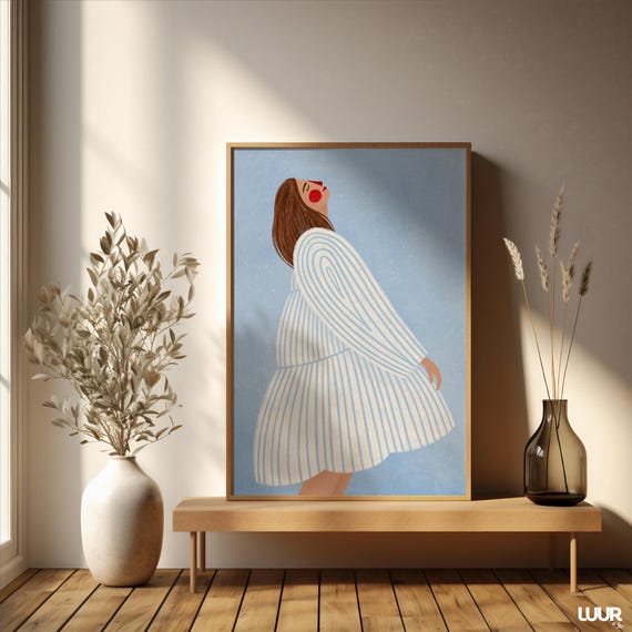 Blue Woman Line Art Poster, Abstract People Decor